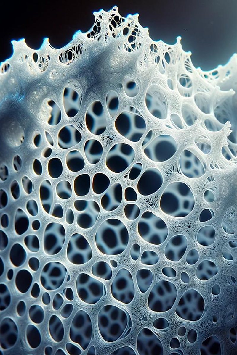 GEOLYTE macro render: an interconnected open-cell material structure lit against a dark background.